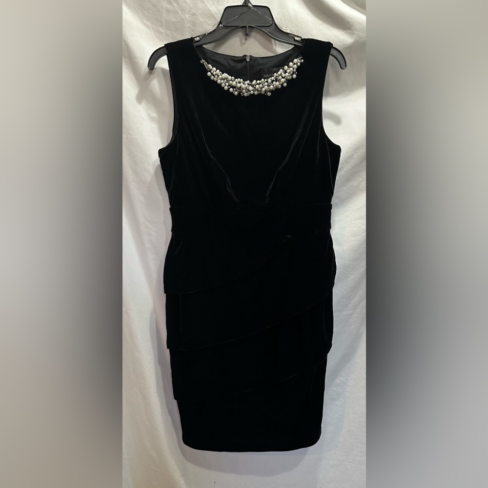 Connected Apparel Black Velvet Dress. Beaded embellishment on the front neck.